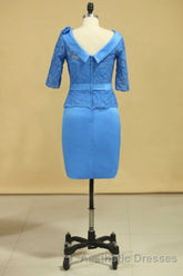 Blue Lace Crew Neck Half Sleeve Short Mother of the Bride Dresses